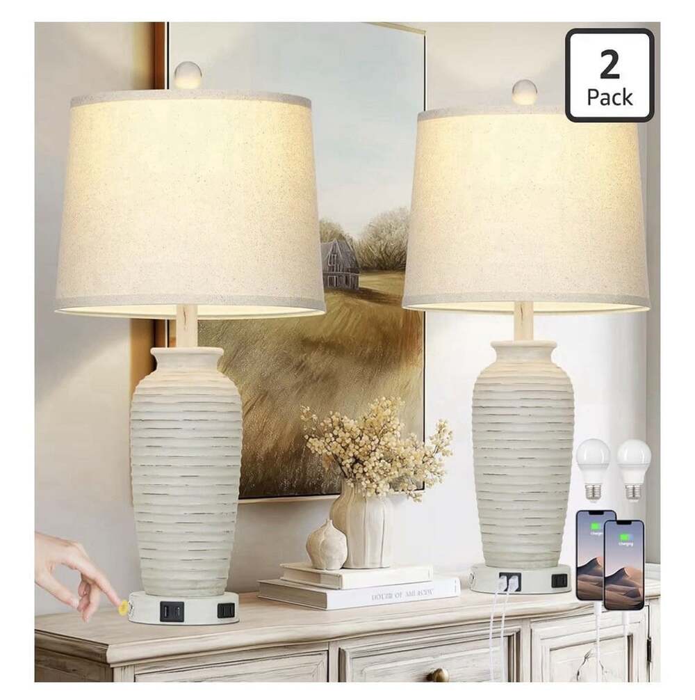 CINSARY 25" Retro White Farmhouse Jar Table Lamps Set of 2, 3 Way Touch Control